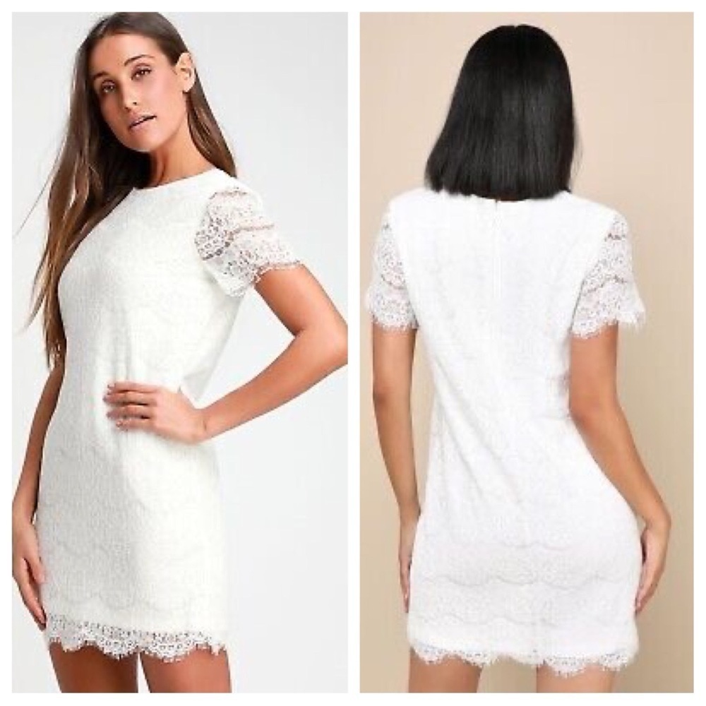 Lulus sz S Take Me to Brunch Ivory White Lace Shift Dress Short Sleeve Wedding